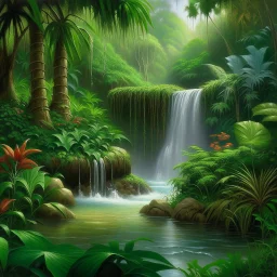 "Create a stunning and tranquil depiction of a lush, tropical waterfall. The waterfall should be surrounded by vibrant, lush greenery, with cascading water that glistens in the sunlight. Capture the sense of serenity and majesty in this natural wonder, making it a breathtaking focal point in the scene. Use your artistic talents to emphasize the play of light and shadow on the cascading water and the surrounding vegetation to convey the beauty and tranquility of the scene."