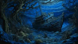 A dark blue underwater coral reef with a shipwreck painted by Vincent van Gogh