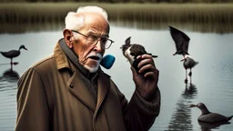 old man talks on phone while chasing ducks away,