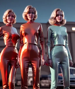 Ultra Realistic retro sci-fi movie Supermarket parking people scene, 1960 year, waist up view portrait, 2 clones blonde women, sweet teenager Jane Fonda face, perfect iris, glow eyes, face makeup, tight latex coat. many people looking, Retro sci-fi style, soft color, highly detailed, unreal engine 5, ray tracing, RTX, lumen lighting, ultra detail, volumetric lighting, 3d, finely drawn, high definition, high resolution.