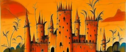 A golden orange colored citadel covered in spikes painted by Pablo Picasso