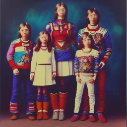 awkward family photo, all wearing the same type of clothes, 1980s, polaroid colors, scratches and dust on photo, kandinsky