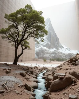 Photograph, a mass of terrain, giant museum space, tree, high walls, high peak in a room, rag, powder, brook, sediments, deflagration of the background, geological formation, light, architecture, minimalist, details of the terrain very accentuated, 8k, deep 3d field, sharp, brutalist, hasselblad h6d400c --ar 85:128 --v 6.0