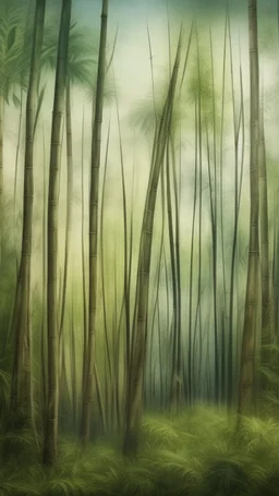 realistic photo of a tall bamboo trees in a landscape. Bruegel painting style