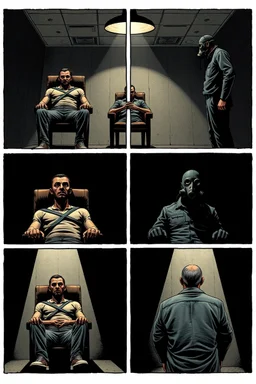 a page divided into 6 rectangular panels, each with different views of a man strapped to a chair and being interrogated by a man standing with a gas mask on, lower and higher perspectives, front and back, overhead light, suspenseful torture graphic novel, comic book
