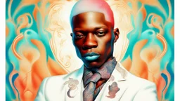 albino man with tattoo in the style of afrofuturism, wealthy portraiture, colorful, kimoicore, harlem renaissance, atmospheric, vibrant color washes