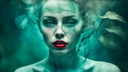 old retro photograph, light vignette, faded, worn and cracked, double exposure, surrealism, female humanoid from another world, red lips, half body, greenish blue pale transparent glowing skin, bald head, plants growing out of head, tattoo on head, alien transparent eyes, double exposure, hyperdetail, double exposure, Anna Razumovskaya, Anna Dittmann, Luis Royo, Neo-impressionism, expressionism, oil painting. Bold, detailed and textured brushstrokes reminiscent of Royo and Peter Coulson. Deep co