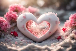 Double exposure, merged layers, cute chibi snowy heart and love, pink and red, made with concrete and driftwood and rare pearl and low voltage filament lit, in sunshine, white lace, burlap, waterfall, flowers, in sunshine, ethereal, cinematic postprocessing, bokeh, dof