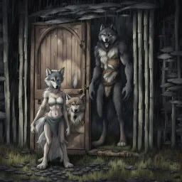 fantasy digital art of crying young female anthro wolf in gray hairy wolf body and wears just a short canvas rag around her waist , sadly crying face stands in the rain front the door, behind her an tall anthro dark hairy wolf man standing behind in rustic halb open door in an massive wooden house, deep colors, rainy day, detailed, anthropomorphic creatures, fantasy, sci-fi mood