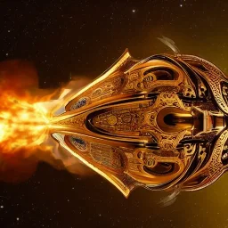 huge ornate spaceship made of brass flying through space, on fire