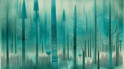 A cyan forest covered in fog designed in ancient Egyptian architectures and sculptures painted by Paul Klee