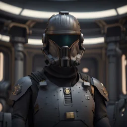 star wars bald male corellian pilot wearing dark gunmetal grey and black First Order special forces TIE pilot armored flightsuit and helmet with gold trim inside the jedi temple, centered head and shoulders portrait, hyperdetailed, dynamic lighting, hyperdetailed background, 8k resolution, volumetric lighting, light skin, fully symmetric details