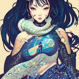 beautiful cyberpunk huge girl, hyperdetailed, illustration by Katsushika Hokusai, darkblue tones,