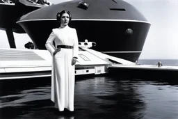 [photo by Helmut Newton] Princess Leia close to her spaceship, she stands on the side of the ship, her feet on the hull