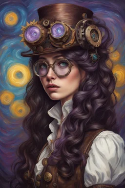 A girl with long, wavy dark brown hair, steampunk glasses on her head, purple eyes, dressed in steampunk clothes , Portrait of Van Gogh