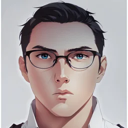 mysterious youthful Russan male, man, dark and intriguing, confident, intense, handsome, anime style, retroanime style, dark black very short hairs, white shirt, white paint background, glasses for vision, white man, The head looks straight ahead