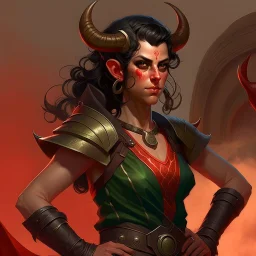 a beautiful dark haired tiefling woman in a sleeveless battle outfit,