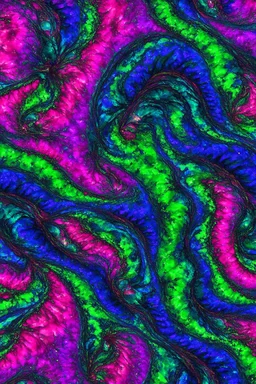 fractal exotic elegance. SEM. cosmic shibori. surreal. asymmetric, skewed, twisted, triadic colors, opera pink, ultramarine, and hooker's green