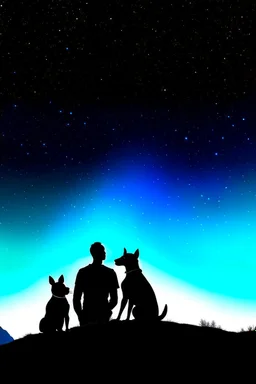 black background on a mountaintop and three silhouettes of a fit man, a silhouette of a fit woman, and silhouette of a Belgian malinois sitting next to the men and the woman looking at the stars