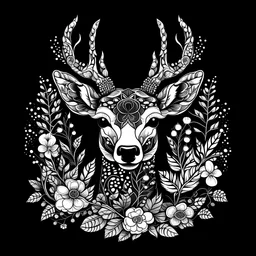 black and white deer face between seeds and big flowers. black background. for a coloring.