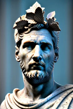 Ultra Realistic image, Roman sculpture, white marble material, Lionel Messi, Laurel leaves wreath, gold ornaments, chisel style, waist up portrait, epic, celestial, cinematic lighting, God light, god rays, 4k resolution, smooth details, ornate details, soft lighting, unreal engine 5, blue sky background.