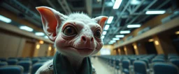 extreme close up on cheeky fluffy weasel goblin alien news anchor elf family scumbag in the style of Escher and Giger and Fallout 4, pinhole cam, airbrush 3d rendering, on tv screen:A five-second cinematic single take in a clean industrial presentation hall.