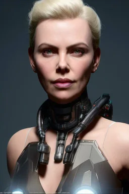 A bionic charlize theron robot, atmospheric, realistic, unreal engine, cinematic lighting, octane render.