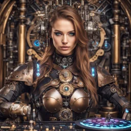 Front view half body gorgeous Realistic Photography beautiful super model Russian as playing Dj player with body full mechanical steampunk cyborg realistic beautiful woman hyper detailed