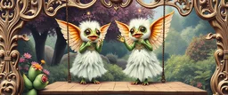 we are the robots, sacred geometry embroidered patterns, two totally symmetric fluffy angel gremlin slug nice cheerleader singing on ornate carved bridge in garden , full body portrait T-pose strong aura, oil painting and air brush, in swing