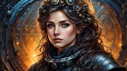 Art by Mark Keatley, Josephine Wall, Ellen Jewett, Dan Mumford Cayenne, Victoria Frances Super Art by Brian Froud Close-up portrait of a 20-year-old girl, Spaceship master constructor An young female , full body, space spaceship constructor working on objekt with skin and scars, in black clothes and gears, highly detailed, vibrant, Intricate facial details, eyes capturing light reflections, facial features exuding complexity. In the background Space