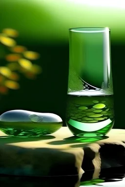 large and small glass on the stones, figure balanced, calming nerves, relaxation, green shades, abstract background