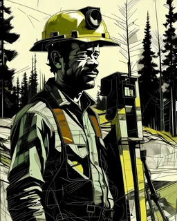 create picture: a civil engineer with a total station in wood nature, mesmerizing beautiful By Jean-Michel Basquiat —ar 2:3 —stylize 250 —v 5.2