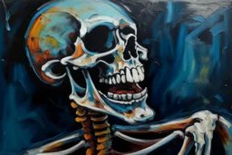 happy skeleton, wide smile, lauging, deep emotions, neo-expressionism, acrylic paint