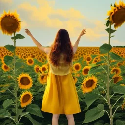 woman standing in sunflower field, back, windy, long brown hair, yellow dress