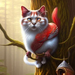 close up on almost invisible cat in a tree in magical forest,red bird in the background, fantasy book cover art