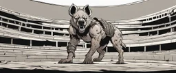 anthropomorphic hyena gladiator inside an arena, post-apocalyptic, comic drawing style