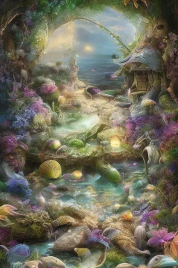 mystical beach, peacock, mystical, dreamlike, romanticism, fine detail, high quality, raining, rain droplets, beautiful colors, soft lighting, fish,