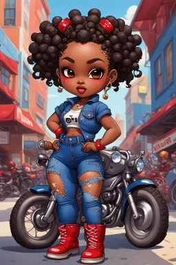 whimsical illustration of the chibi cartoon character, a voluptuous black female in a blue jean outfit with biker boots. Her prominent makeup and hazel eyes, along with her detailed red bantu knots, are featured in this image, set against the background of a lively bike show.