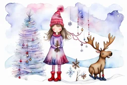 an enchanting illustration Watercolor, Alcohol Ink, Of little girl with short wind blown hair, knit hat with many strands of hair coming through her hat, tiny tinsel and beads through hair, silk lavender and pink dress, striped stockings, boots, stick tree with hanging ornaments from branches, scene is the girl hugging a moose with a red collar around his neck, snowflakes falling from the sky misty evergreen and birch tree background, Wintery Scape