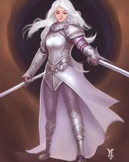 d&d character, female, cleric, cheerful, armor, white hair, gold eyes