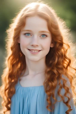 thirteen-year-old girl with pale blue eyes, she has long and wavy orange hair, her skin is luminous and her features delicate, she is standing under sunlight and smiling, wearing a blue dress