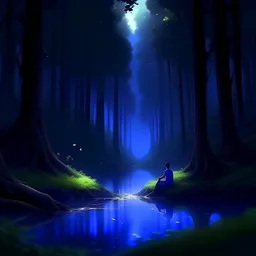 bosque , de noche iluminado por la luna, árboles viejos, flores pequeñas de color violeta en el suelo, luciérnagas, hombre sentado en la orilla del río que atraviesa el bosque, estilo avatar