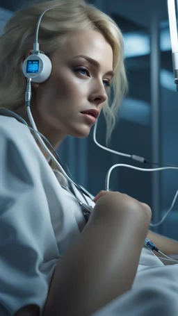 photorealistic hyperdetailed young womanwith blonde hair lying on a hospital bed with a heart monitor and tubes attached