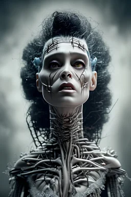 4K Ultra-HD, Hyper realistic, cinematic lighting -- the bride of Frankenstein , short, bowl-cut black hair, dead eyes, Yellow skirt, blue blouse with short poofy sleeves, extremely pail skin, wilted Rose pedals, gloomy, foggy, Castle, Full body image -- 4k, stunning, dramatic lighting, dramatic background, cinematic, atmospheric, very detailed, historic, powerful, octane rendering, exquisite detail, 30 - megapixel, 4k, 85 - mm - lens, sharp - focus, intricately detailed