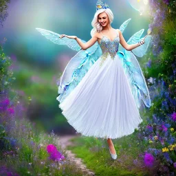 Fantasy fairy with transparent wings, smiling, make up, long platinum blond hair with crown and flowers, blue dress, flower background