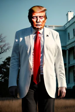 Ultra realistic image, Donald trump zombie, zombie performance, suit, skull, blood, torn arm, night, walking twisted, waist up view, thriller style, dark ambient, highly detailed, White House background, concept art, unreal engine 5, ray tracing, RTX, ultra detail, volumetric lighting, high definition, high resolution.