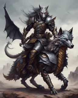 A combination of a dragon and a wolf and a commander riding on it Warrior warrior with leather and metal clothes and robotic metal