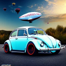 blimp vw-beetle hybrid, retrofuturistic, phototrealism, in flight, one subject,