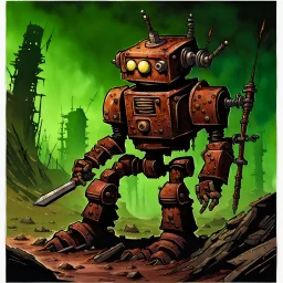 90's fantasy tcg art of rusted post apocalyptic robot warrior in toxic ooze wasteland