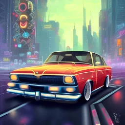 retro car speeding through neon city with skyscrapers